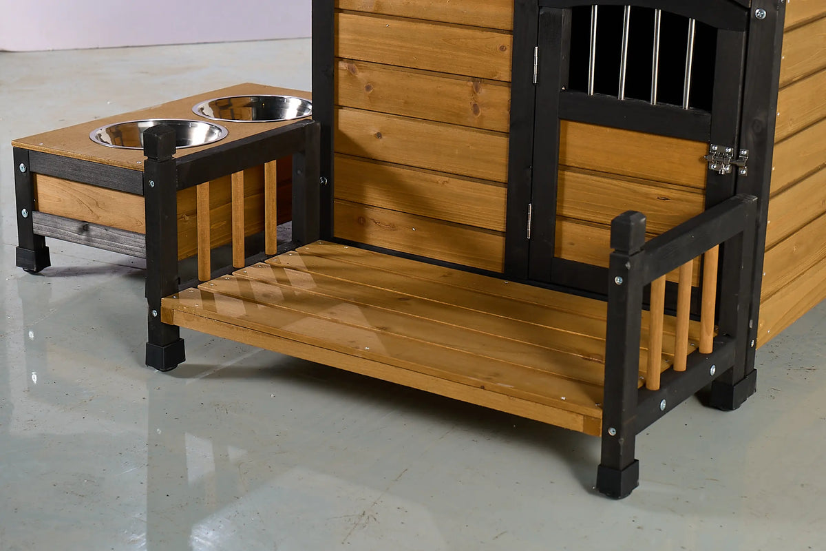 Natural Wood Double-Bowl Dog House Outdoor Waterproof Kennel with Built-In Feeding Bowls And Balcony for Small to Medium Breeds