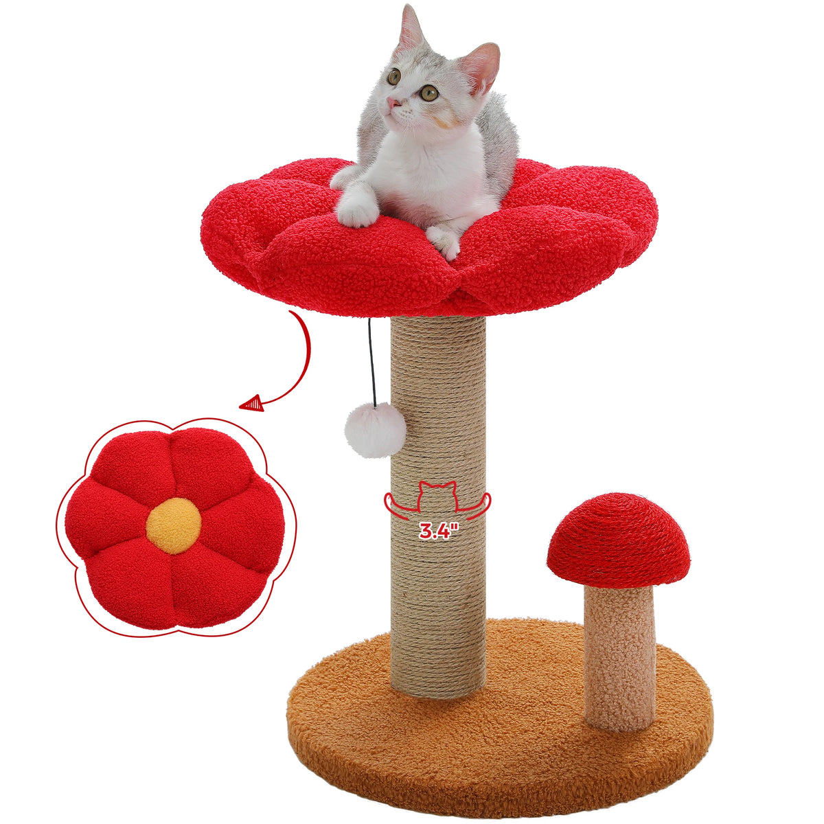 Small Cat Scratching Posts with Removable Flower Cat Bed Interactive Toy Ball Cute Mushroom Cat Scratcher for Indoor Cat Toys
