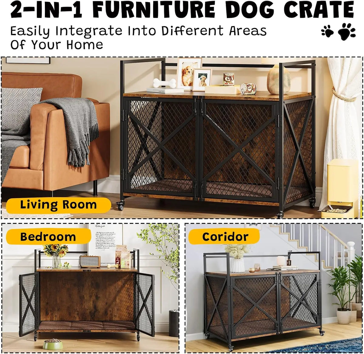 Heavy Duty Dog Kennels Metal Wooden Dog Crate End Table Furniture Style with Wheels and Double Doors Pet Cage for Dog Cat Rabbit Pet for Indoor Living Room