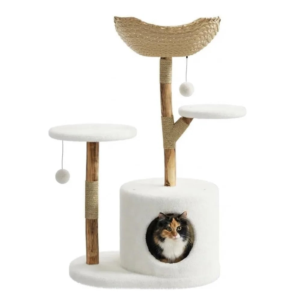 43 Inch Wooden Cat Tree Tower Rattan Design Multi Level Climbing Furniture with Perches Scratching Post And Resting Areas for Indoor Cats