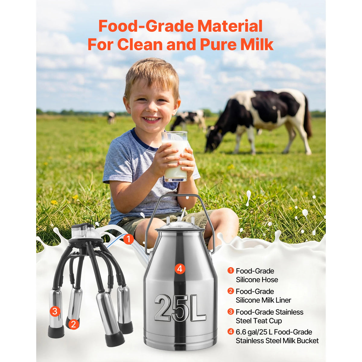 SucceBuy Electric Cow Milking Machine Stainless Steel Bucket
