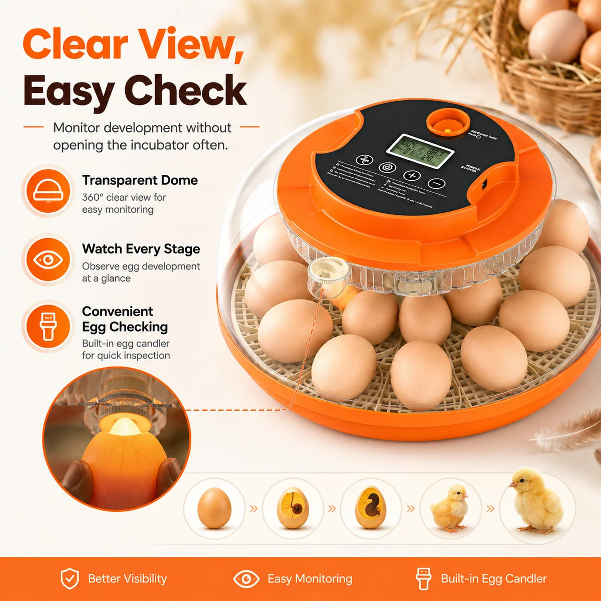 18-Egg Smart Incubator with Auto Turning, Humidity Control and Egg Candler,Smart Digital Temperature Humidity Control, Automatic Egg Turning, Transparent Small Poultry Hatcher, Home Incubator for Chicken Quail Duck Bird Eggs,