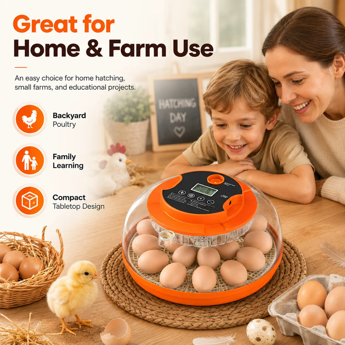 18-Egg Smart Incubator with Auto Turning, Humidity Control and Egg Candler,Smart Digital Temperature Humidity Control, Automatic Egg Turning, Transparent Small Poultry Hatcher, Home Incubator for Chicken Quail Duck Bird Eggs,