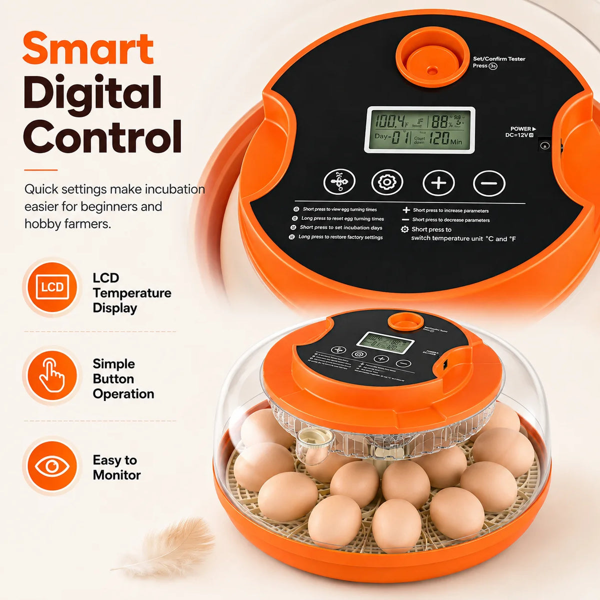 18-Egg Smart Incubator with Auto Turning, Humidity Control and Egg Candler,Smart Digital Temperature Humidity Control, Automatic Egg Turning, Transparent Small Poultry Hatcher, Home Incubator for Chicken Quail Duck Bird Eggs,