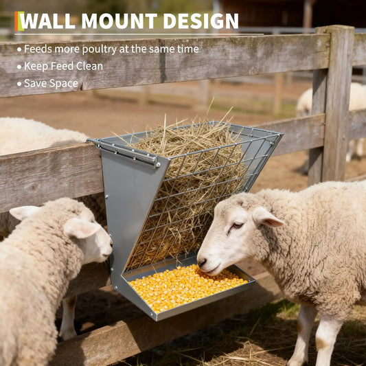 Hay Feeder for Goats, 2 in 1 Wall Mount Hay Rack Goat Feeder | Heavy Duty Galvanized Steel Hanging Feeders for Farm Livestock Goat Sheep Grain Indoor Outdoor Uses