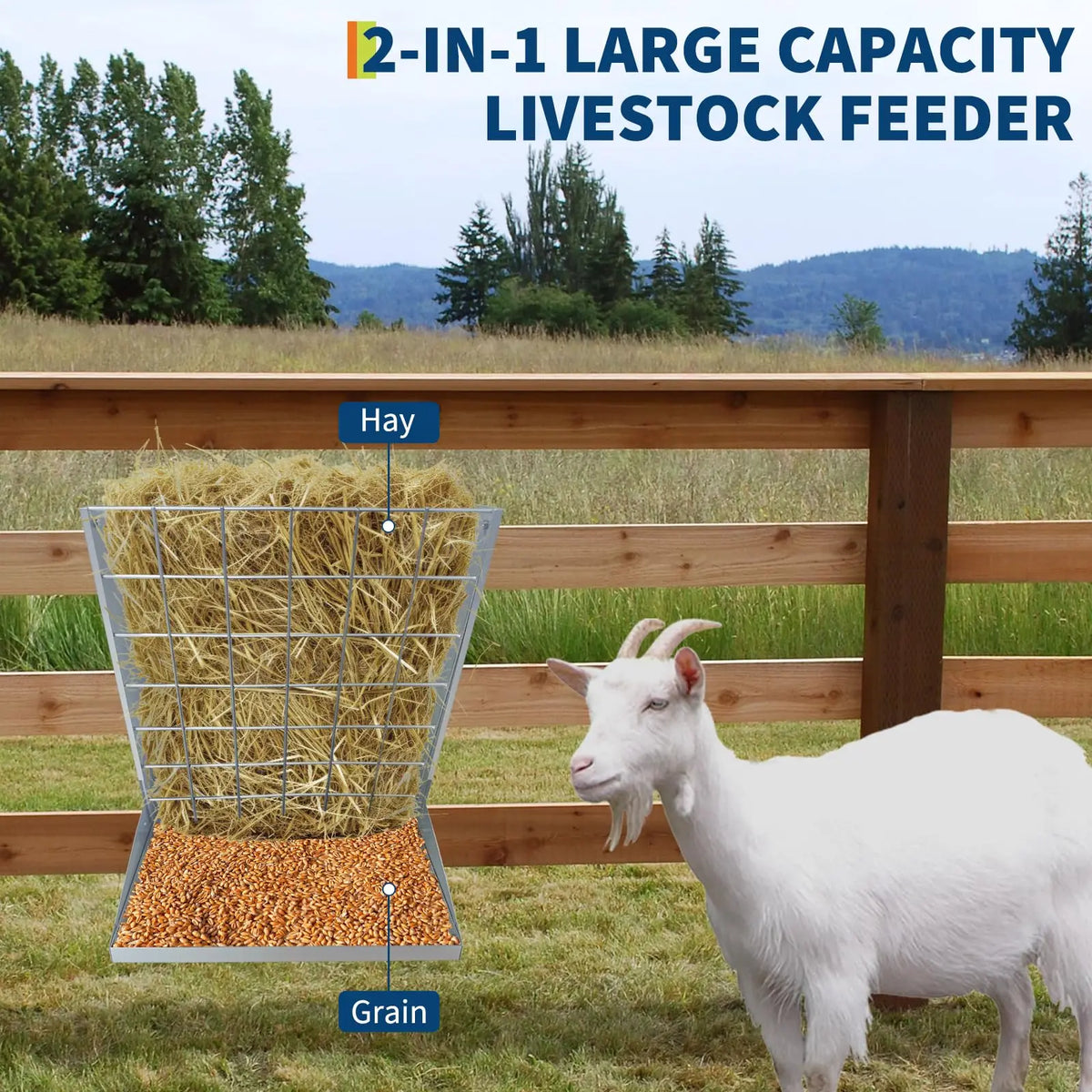 Hay Feeder for Goats, 2 in 1 Wall Mount Hay Rack Goat Feeder | Heavy Duty Galvanized Steel Hanging Feeders for Farm Livestock Goat Sheep Grain Indoor Outdoor Uses