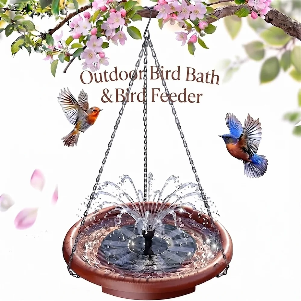 Hanging Solar Bird Bath With Fountain And Feeder For Gardens