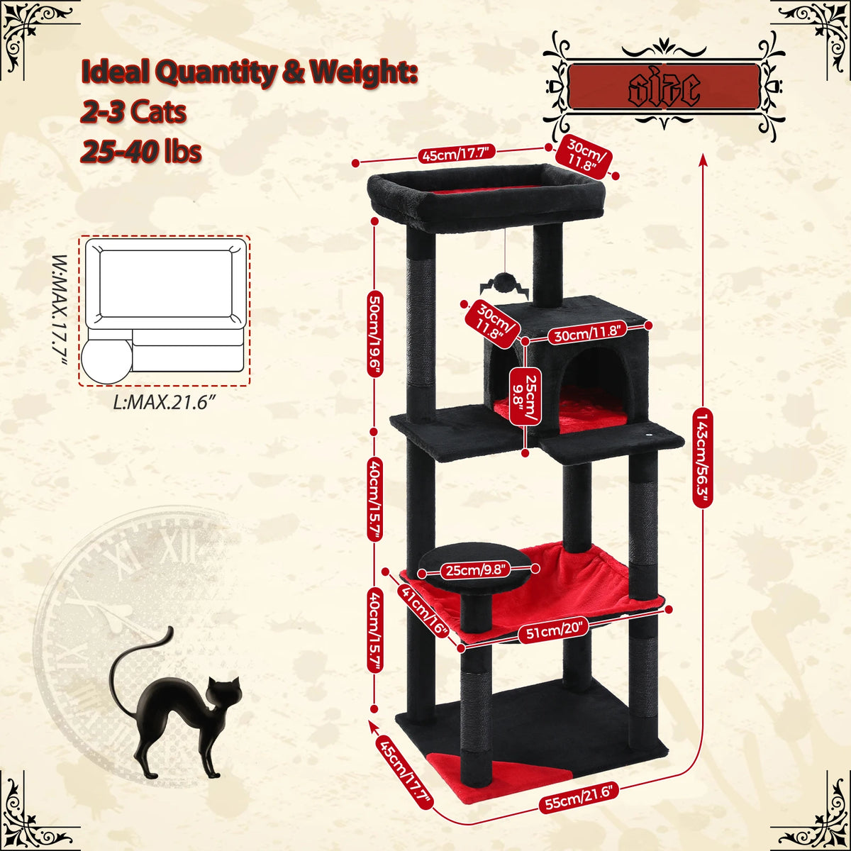 Gothic Cat Tree for Indoor Cats, Tall Cat Tower with Super Large Hammock, Sisal Covered Scratching Post Cozy Condo Top Perch