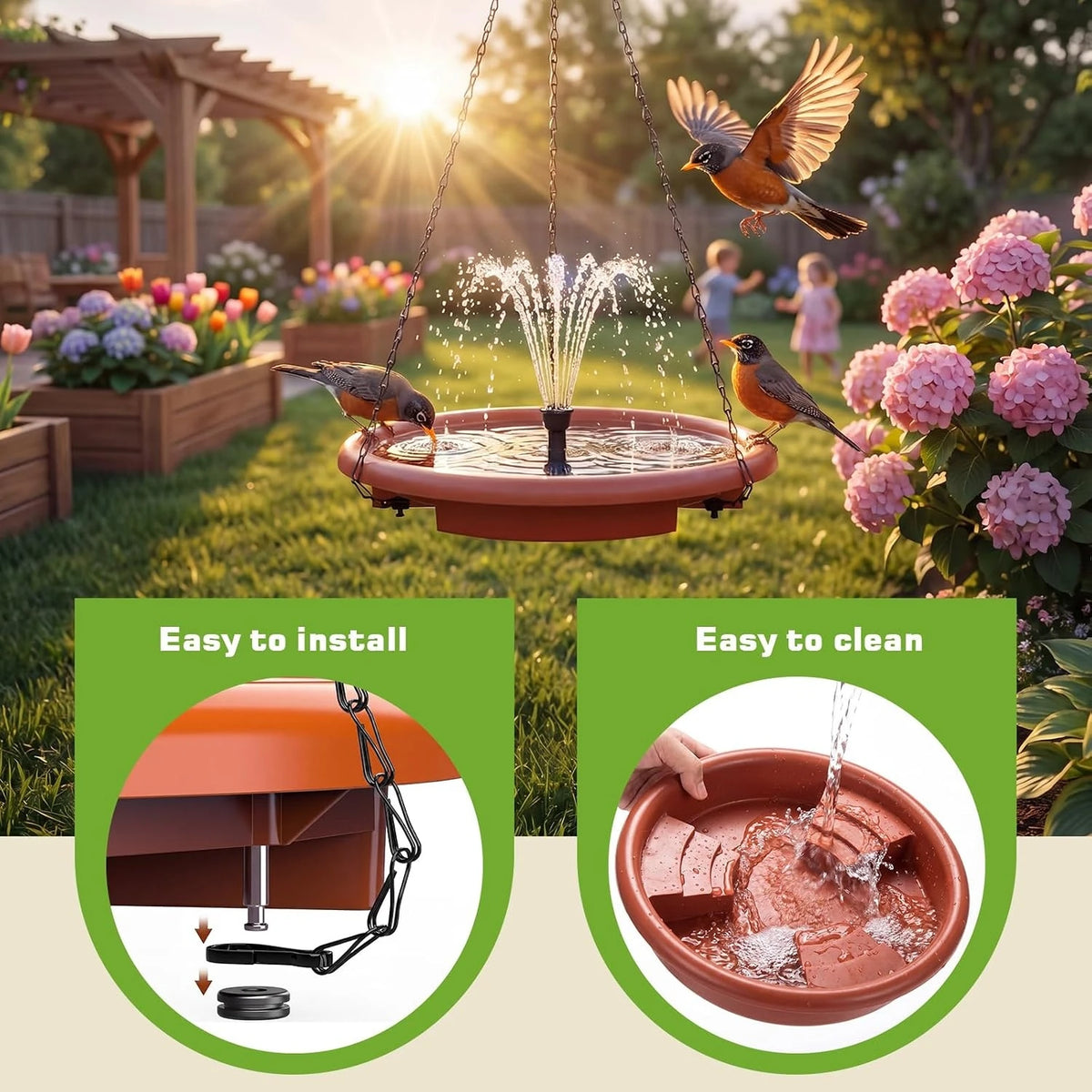 Hanging Solar Bird Bath With Fountain And Feeder For Gardens