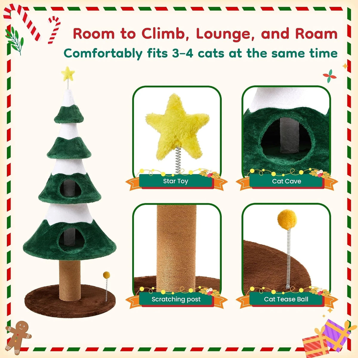62" Christmas Cat Tree Tower, Festive Green Holiday Cat Condo Furniture with Heavy-Duty Base, Sisal Scratching Posts & Cozy Perch, Sturdy Indoor Climbing Gym for Large Cats