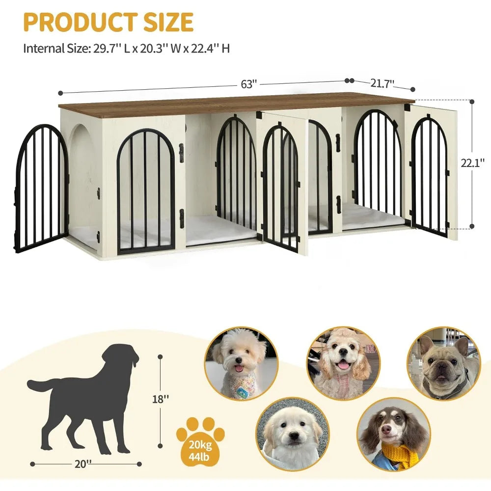 63" Heavy Duty Indoor Dog Kennel Furniture, Wood Dog Crate for Medium to Large Dogs with Cushion, White Brown
