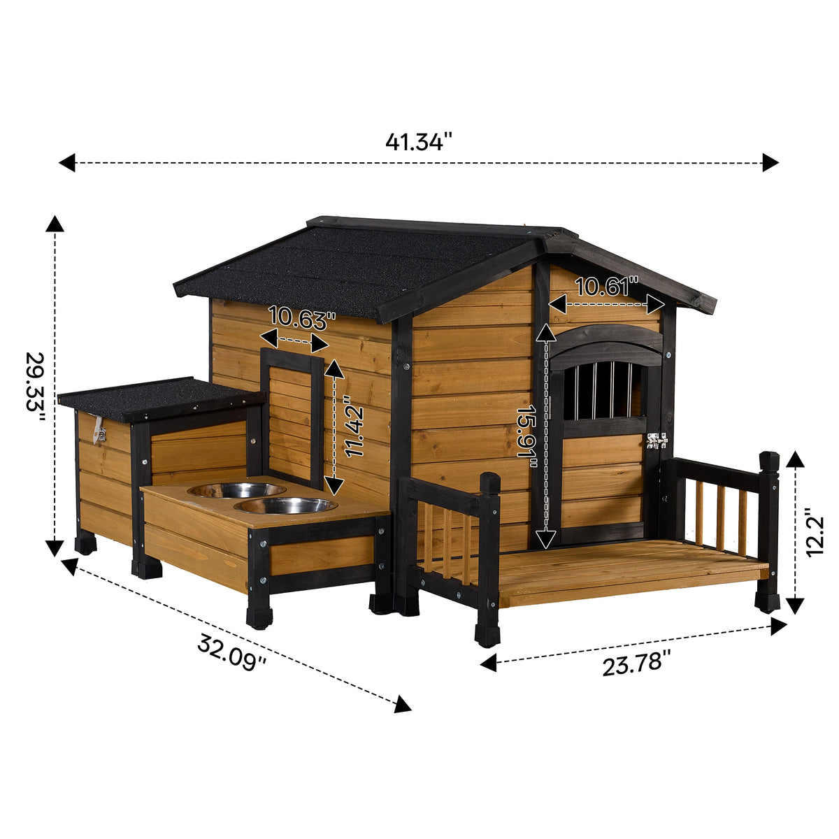 Natural Wood Double-Bowl Dog House Outdoor Waterproof Kennel with Built-In Feeding Bowls And Balcony for Small to Medium Breeds