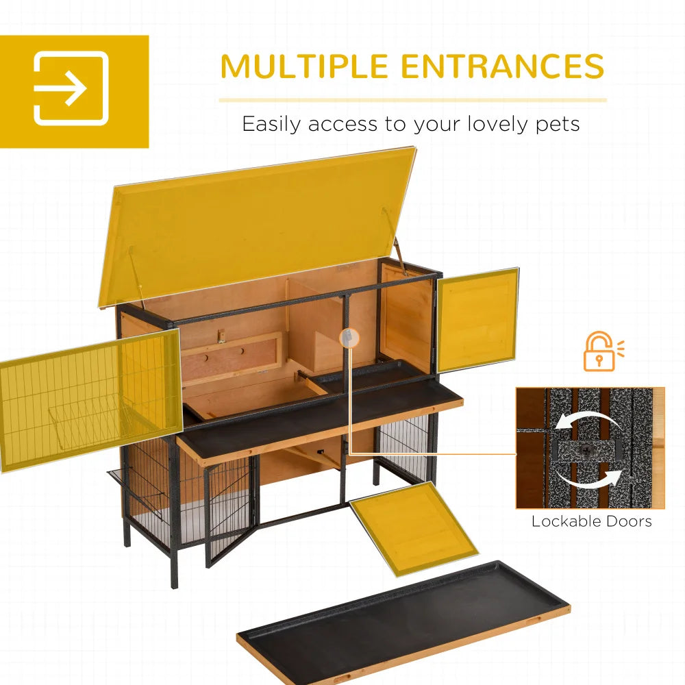 2-Story Large Rabbit Hutch Bunny Cage Wooden Pet House Metal Frame with Individual Room, Ramp, No Leak Tray, Feeding Trough