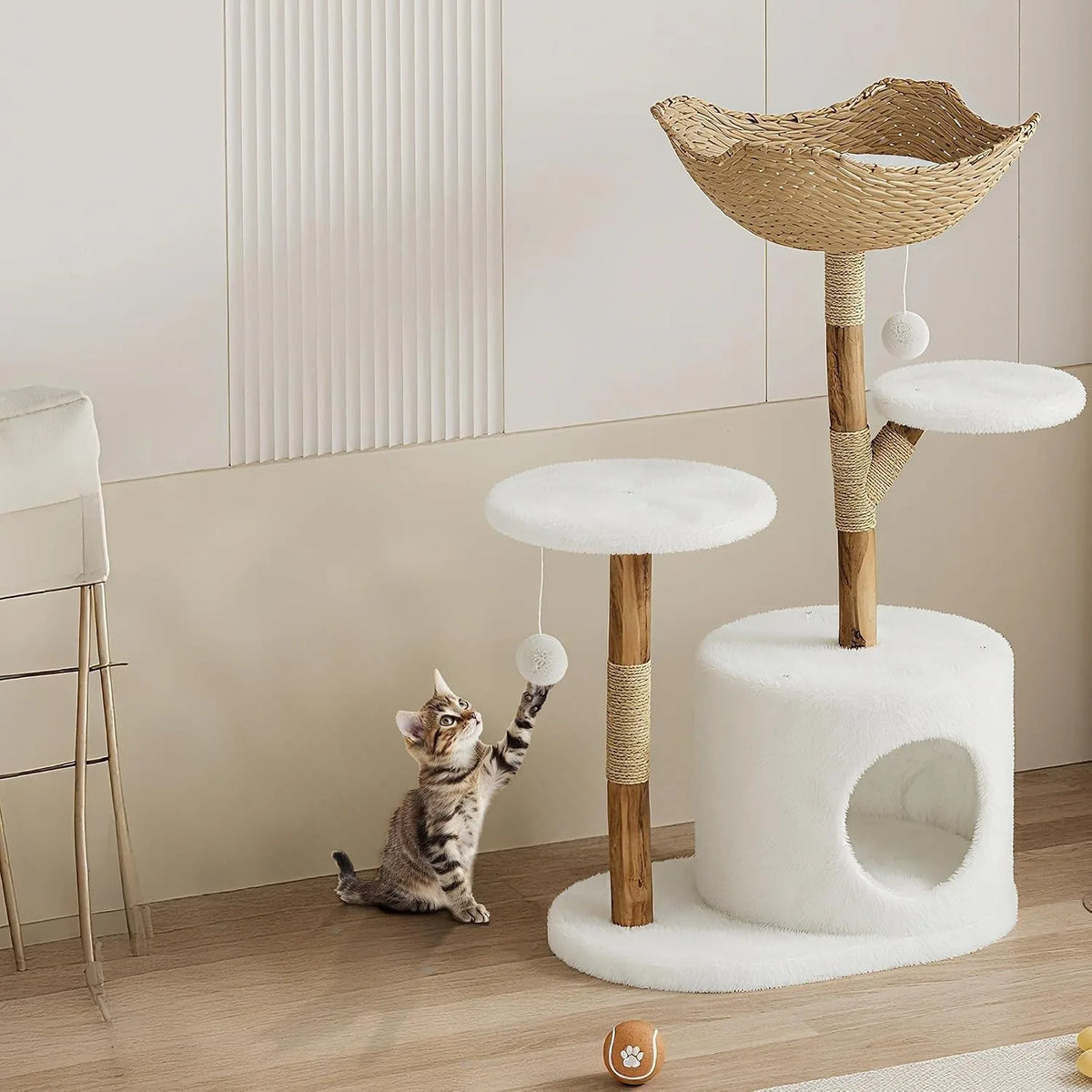 43 Inch Wooden Cat Tree Tower Rattan Design Multi Level Climbing Furniture with Perches Scratching Post And Resting Areas for Indoor Cats