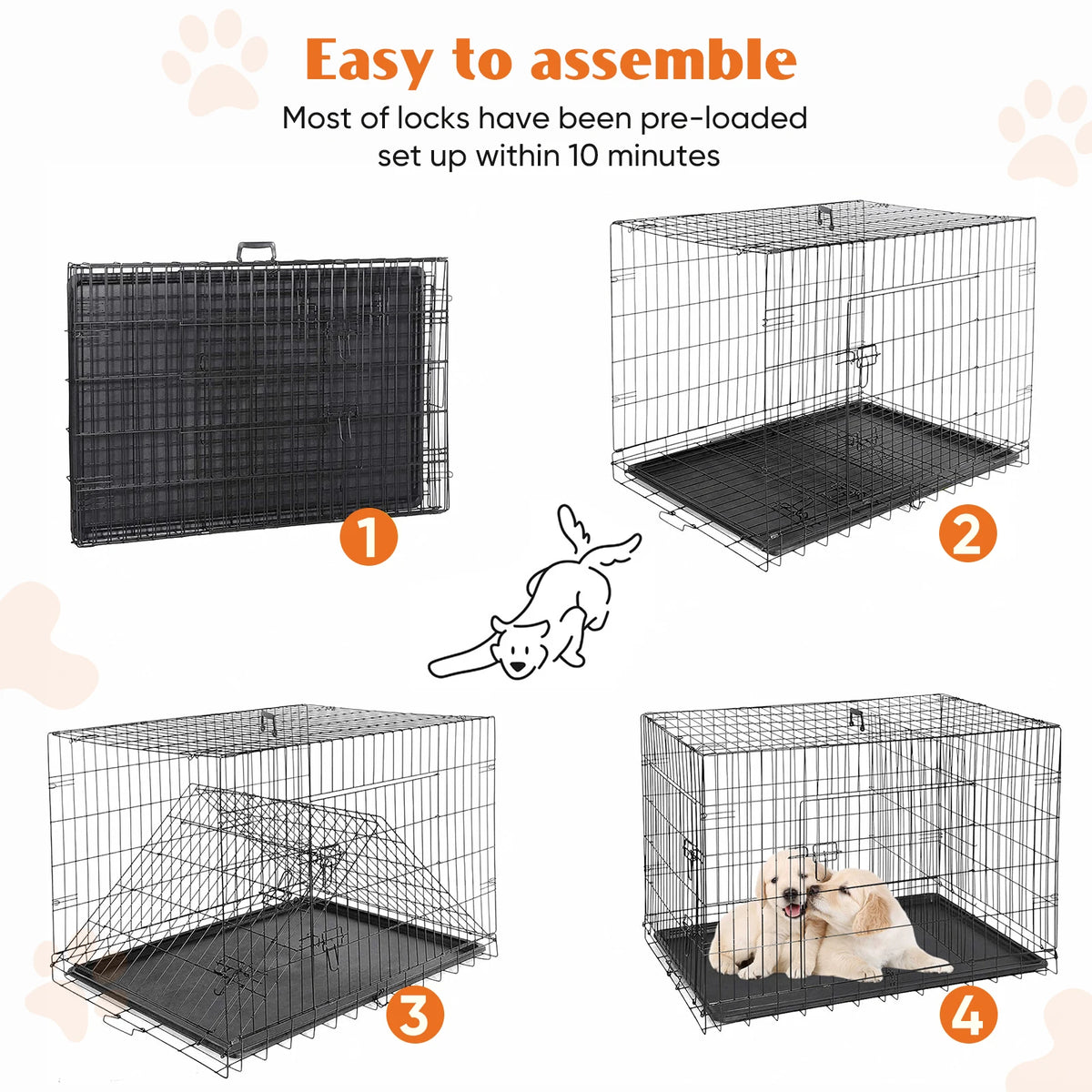 JHK Double Door Folding Dog Kennel With Leakproof Pan Tray