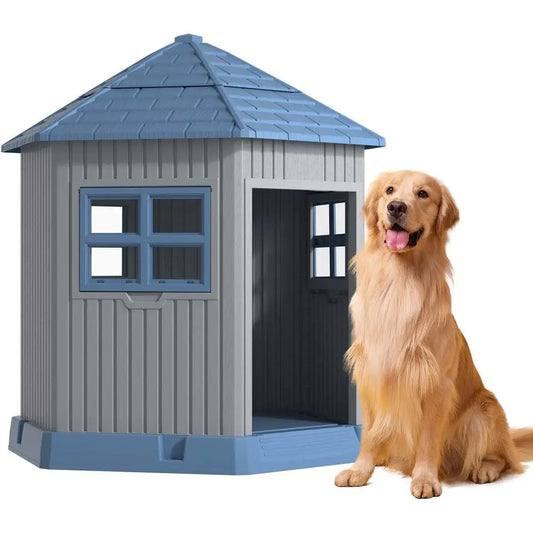Dog House Indoor Outdoor Durable Large Dog Shelter with Outside Dog Kennel with Window and Elevated loor or Small Medium Dogs