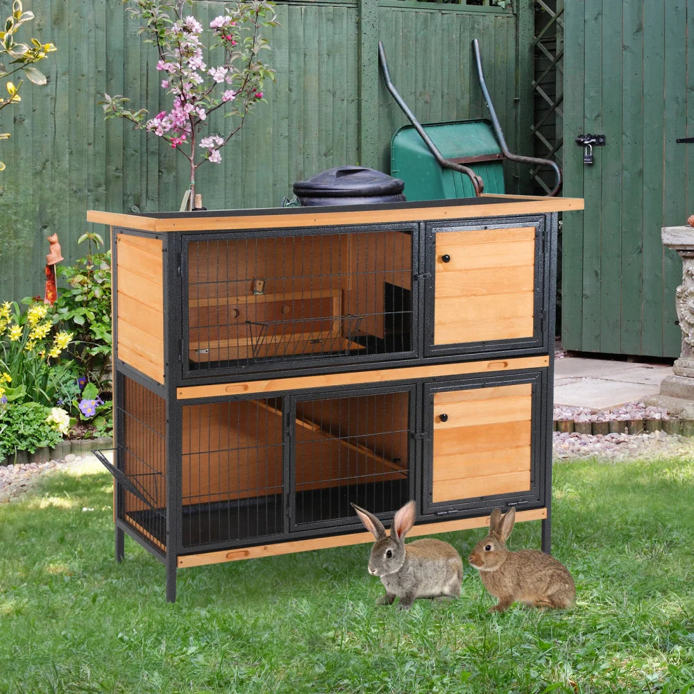2-Story Large Rabbit Hutch Bunny Cage Wooden Pet House Metal Frame with Individual Room, Ramp, No Leak Tray, Feeding Trough