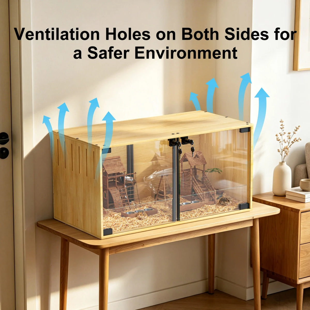 Wooden Small Animal Cage With Glass And Removable Divider