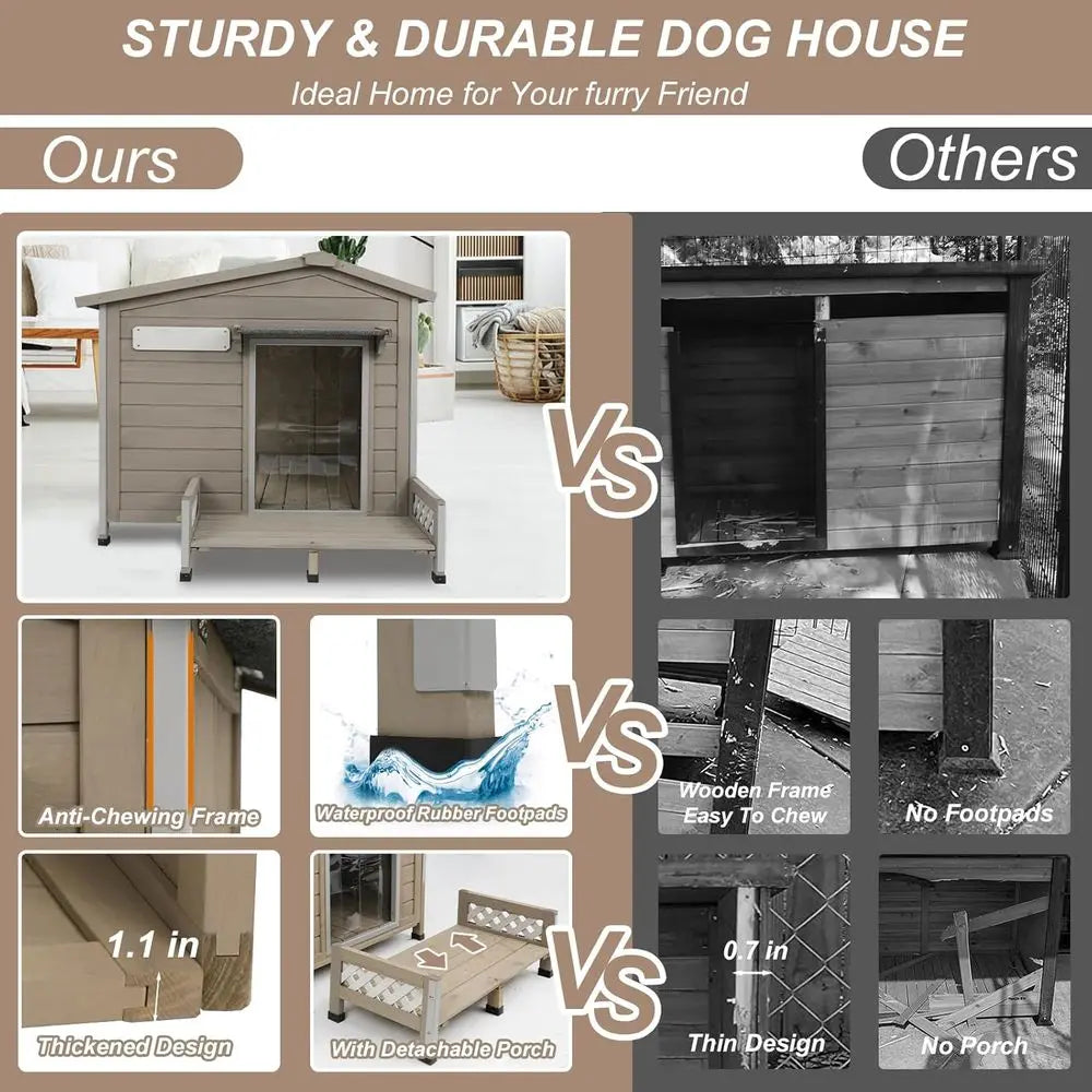 41" L Outdoor Large Dog House with Porch, Removable loor, Raised eet, Anti-Chewing Iron e - Wooden Kennel with Asphalt Roo, Wind