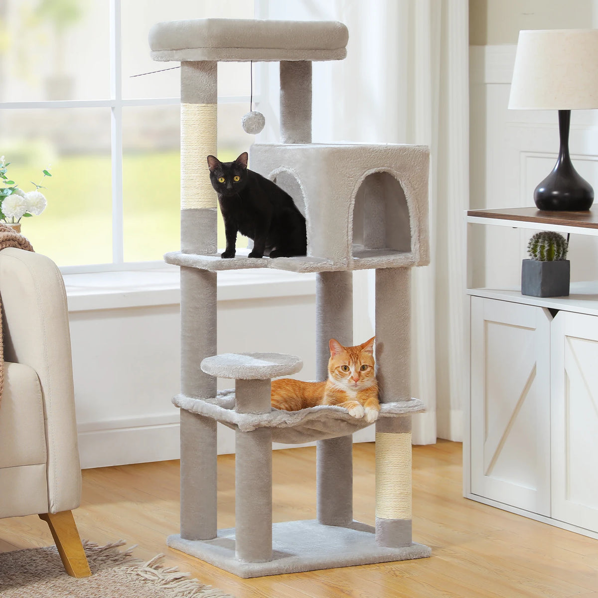 5-Level Cat Tree 113cm Cat Tower with Top Perch,Soft Condo,Natural Sisal Scratching Post,Attractive Pompom,Anti-tip kit,Hammock