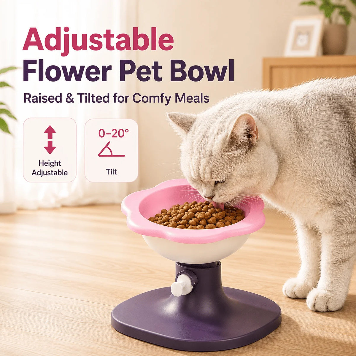 Adjustable Elevated Cat Bowl with Tilted Angle, Whisker-Friendly Raised Pet Feeding Bowl for Cats & Small Dogs, Neck Protection