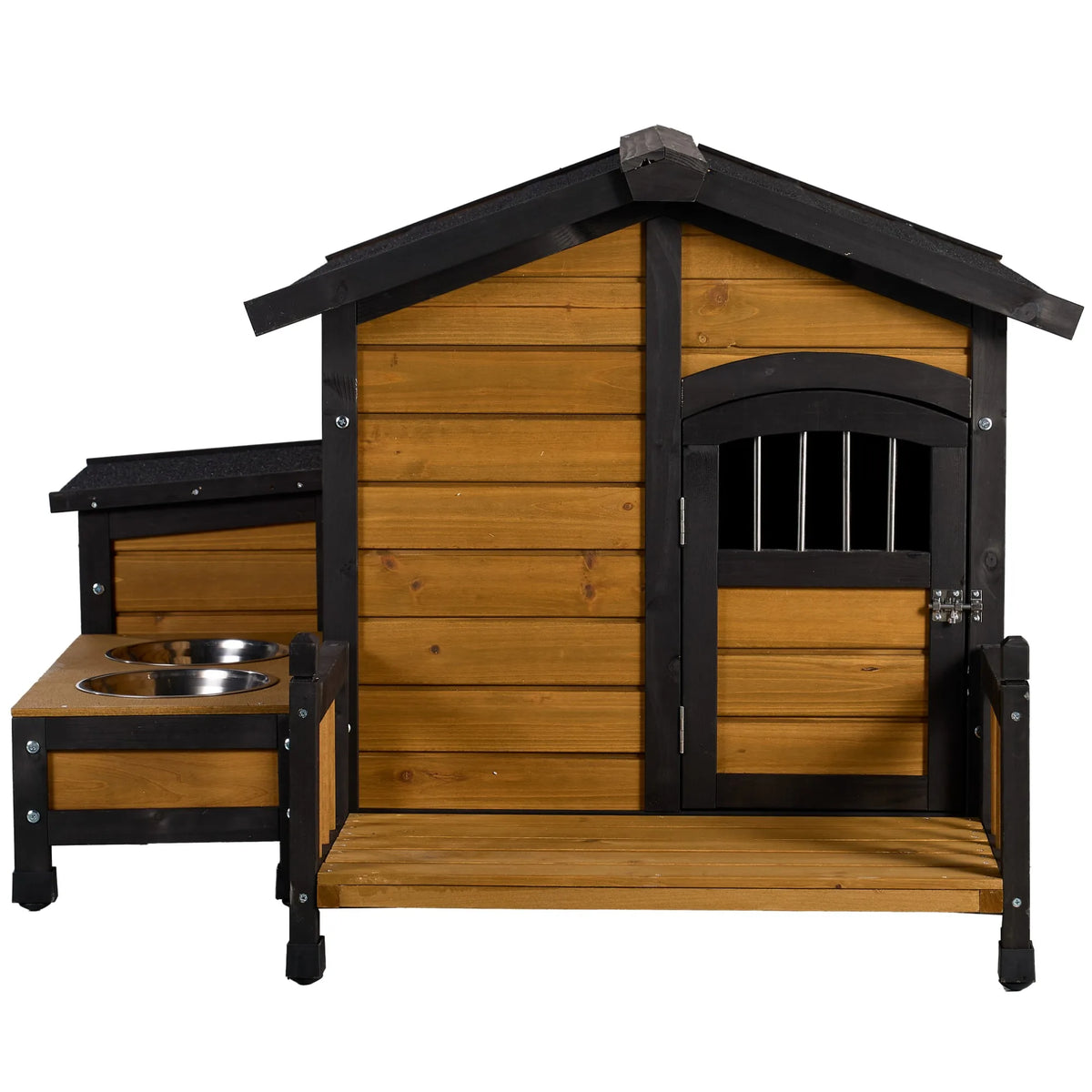 Natural Wood Double-Bowl Dog House Outdoor Waterproof Kennel with Built-In Feeding Bowls And Balcony for Small to Medium Breeds