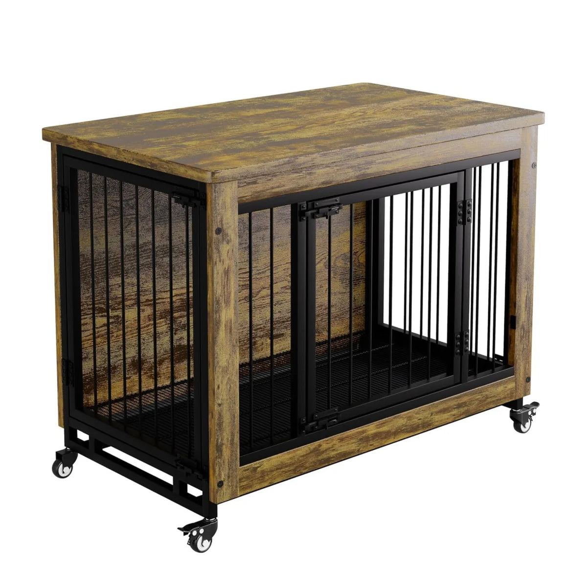 38 Inch Dog Crate Furniture Wooden Dog Kennel End Table with 3 Doors Locking Wheels Removable Tray Divider Indoor Pet Cage Side Table for Small Medium Dogs Retro Brown
