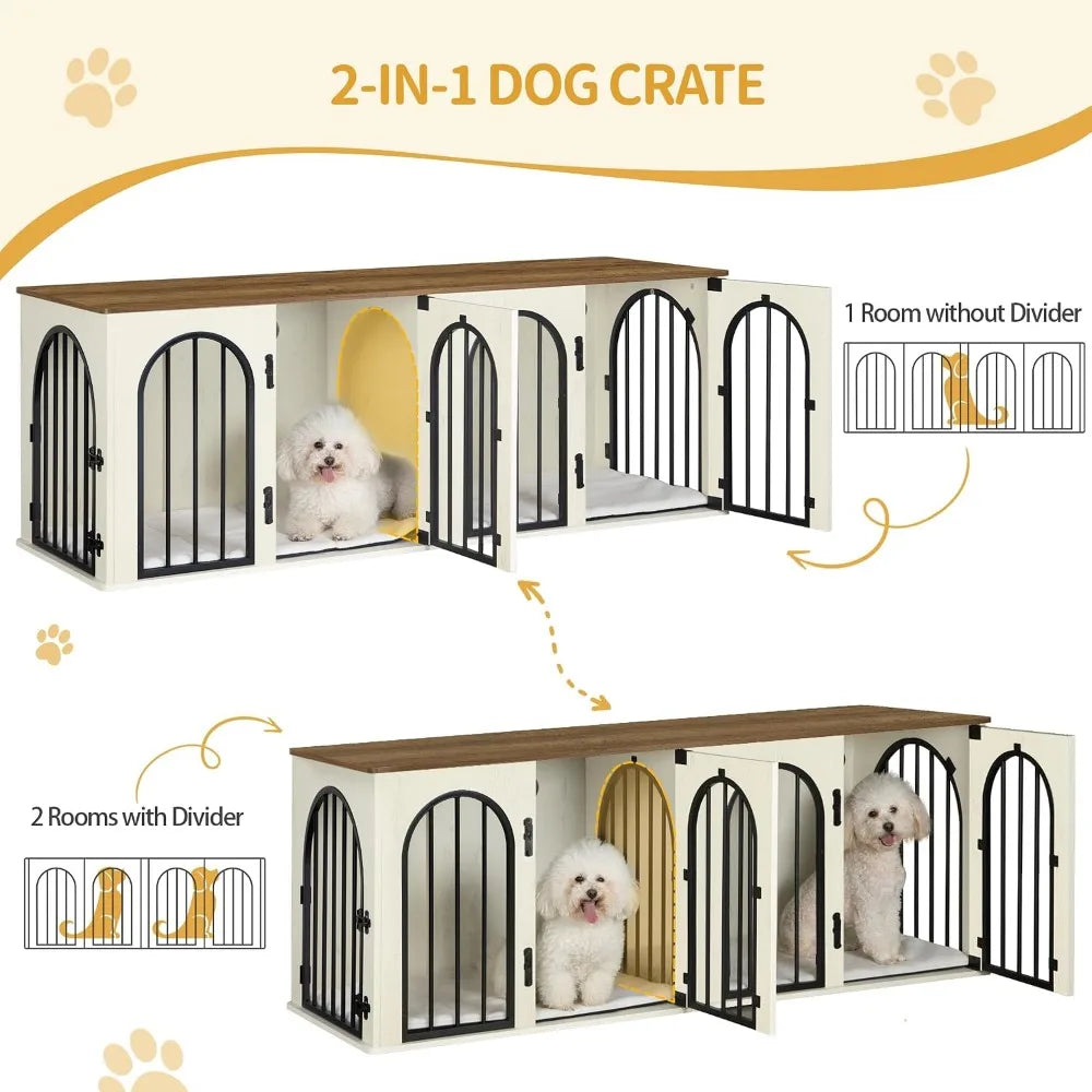 63" Heavy Duty Indoor Dog Kennel Furniture, Wood Dog Crate for Medium to Large Dogs with Cushion, White Brown