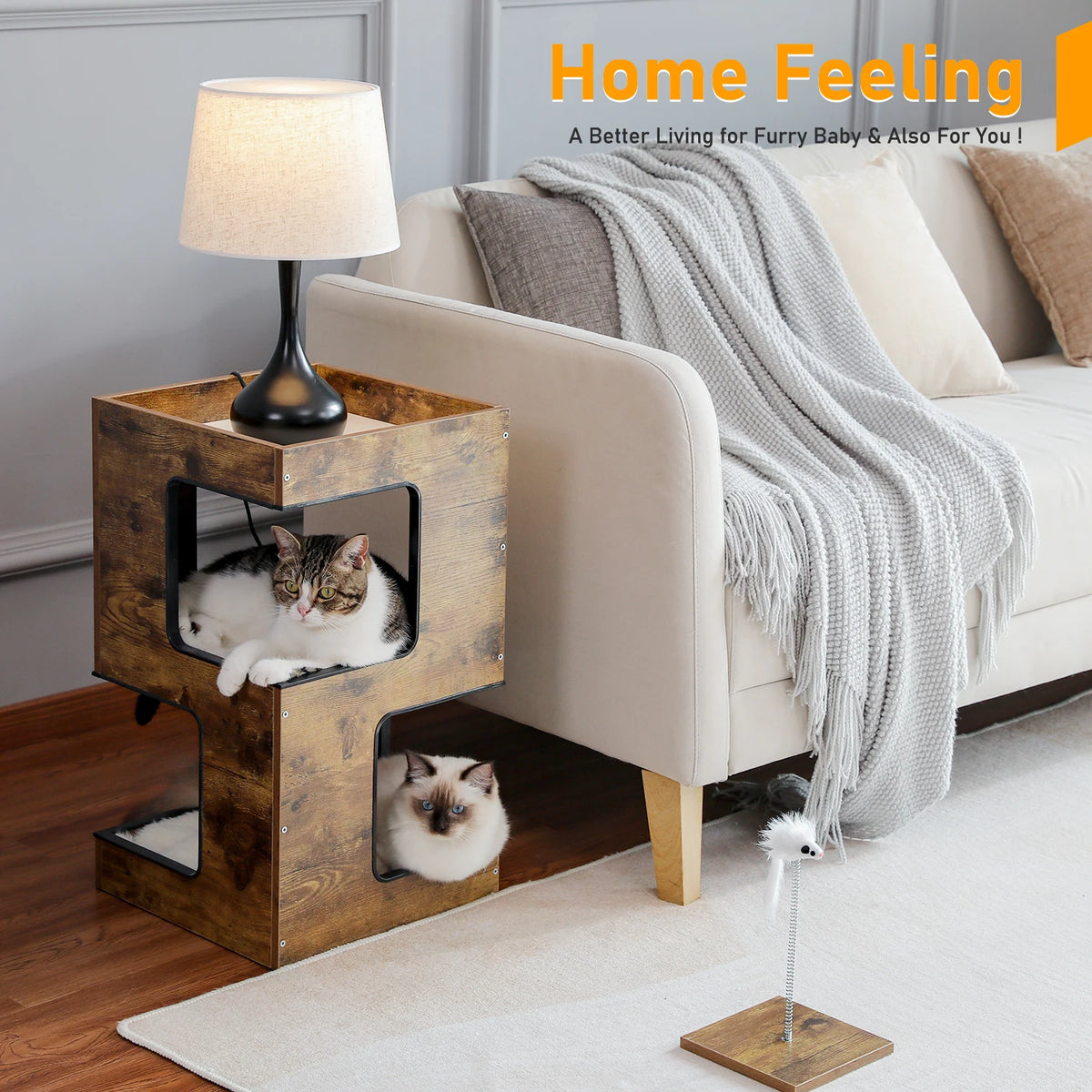 Wood Cat Condo House Bed with Removable Soft Mats Modern Cat Tree Tower with Scratching Pad Cat Scratcher Furniture Kitten Toys