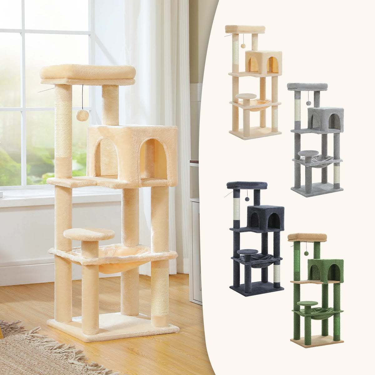 5-Level Cat Tree 113cm Cat Tower with Top Perch,Soft Condo,Natural Sisal Scratching Post,Attractive Pompom,Anti-tip kit,Hammock