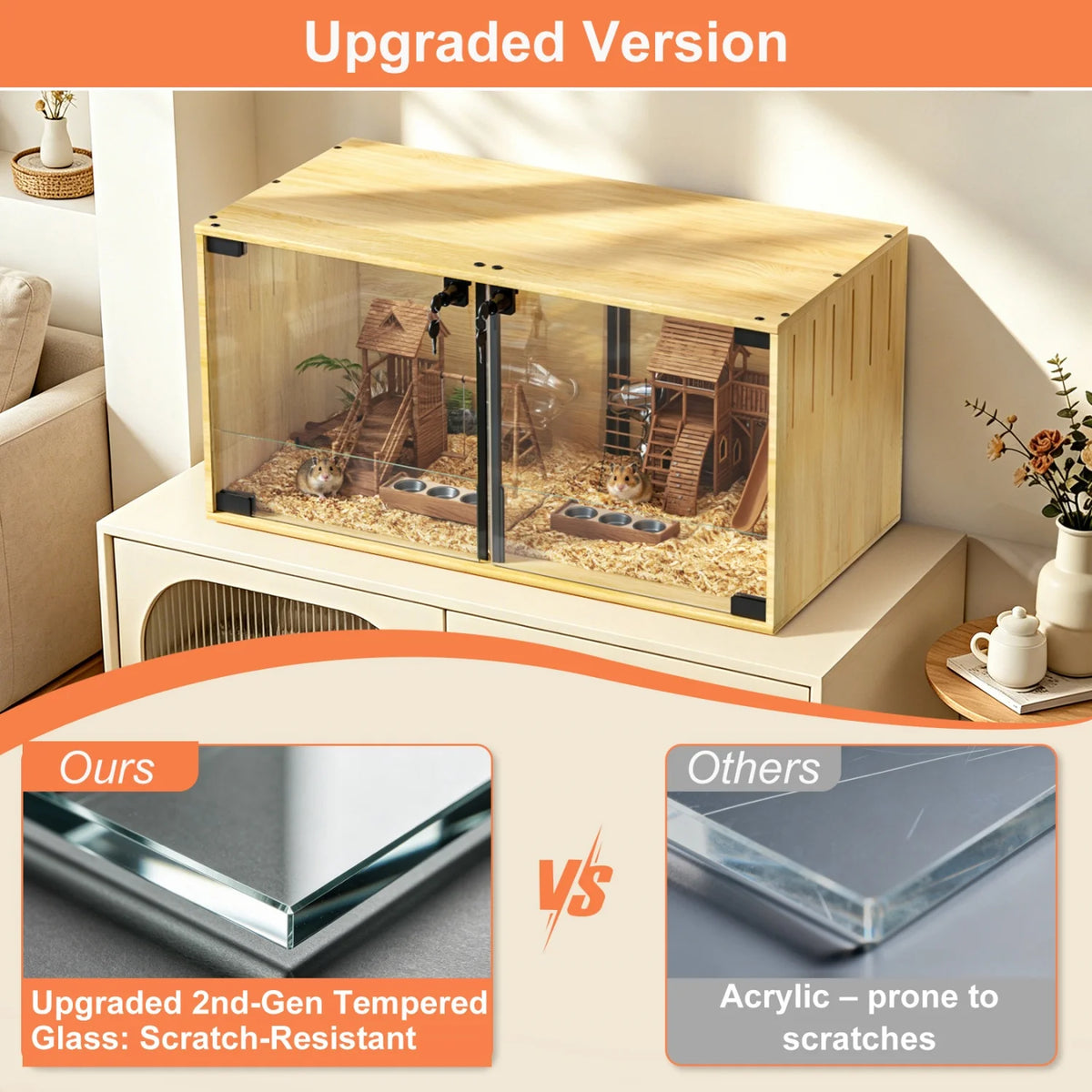 Wooden Small Animal Cage With Glass And Removable Divider