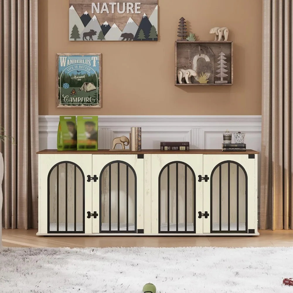 63" Heavy Duty Indoor Dog Kennel Furniture, Wood Dog Crate for Medium to Large Dogs with Cushion, White Brown