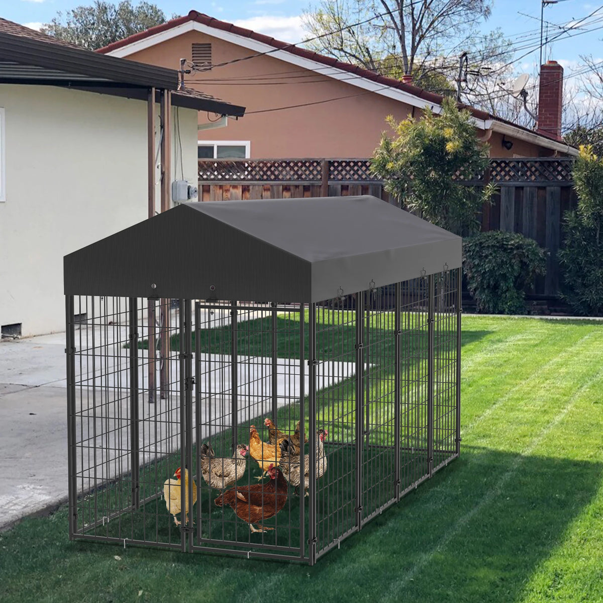Bingopaw Welded Wire Dog Kennel With Weatherproof Cover And Stakes