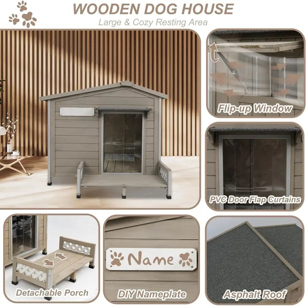 41" L Outdoor Large Dog House with Porch, Removable loor, Raised eet, Anti-Chewing Iron e - Wooden Kennel with Asphalt Roo, Wind