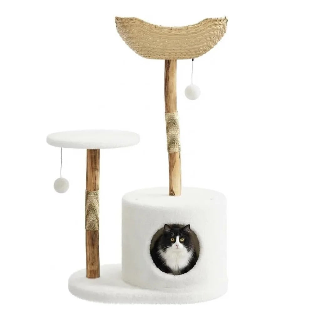 43 Inch Wooden Cat Tree Tower Rattan Design Multi Level Climbing Furniture with Perches Scratching Post And Resting Areas for Indoor Cats