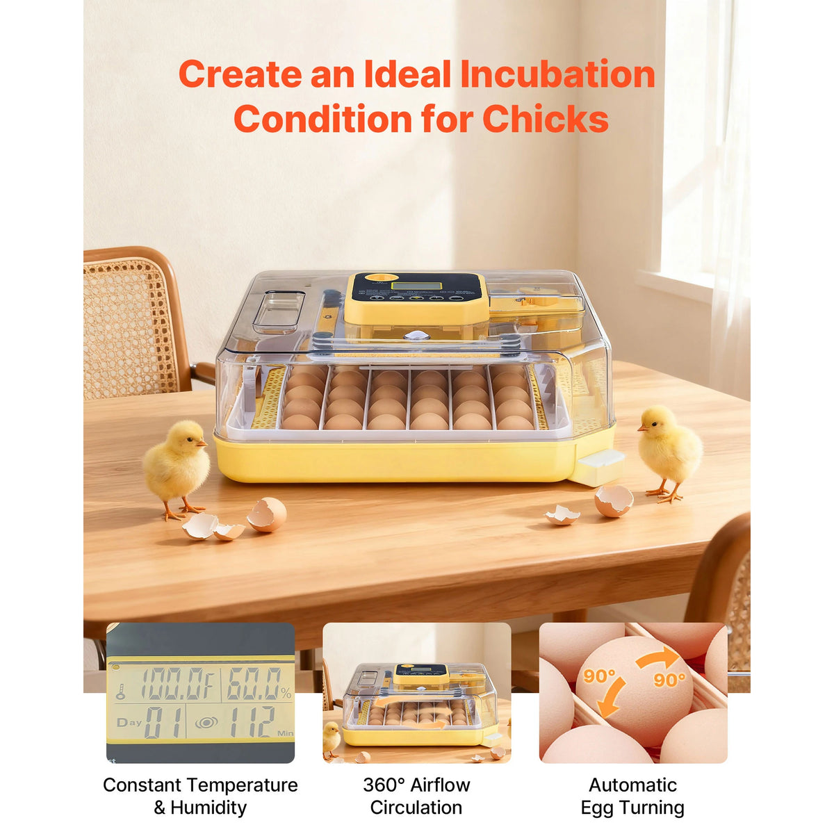 SucceBuy Egg Incubator with LED Candler Temperature Display Auto Humidity Control 360° View Clear Window Poultry Eggs Incubator
