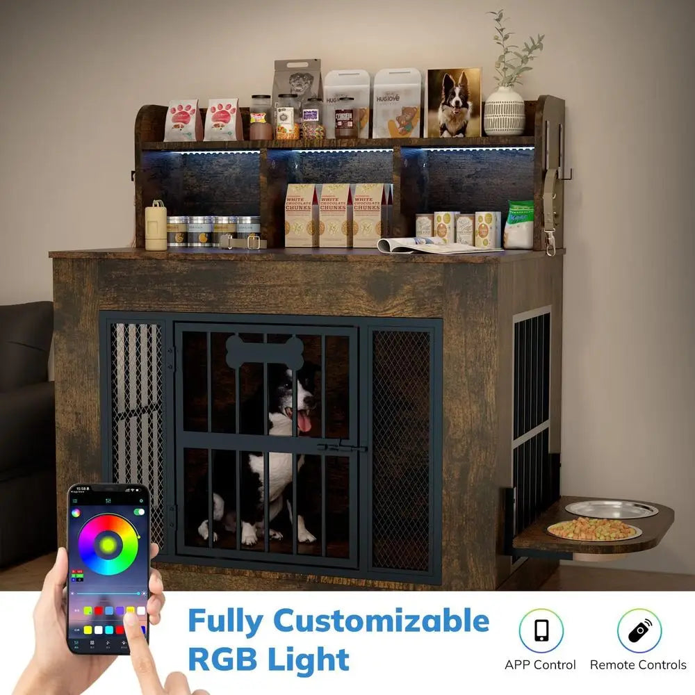 Heavy Duty Indoor Dog Crate Furniture With Storage And Bowls