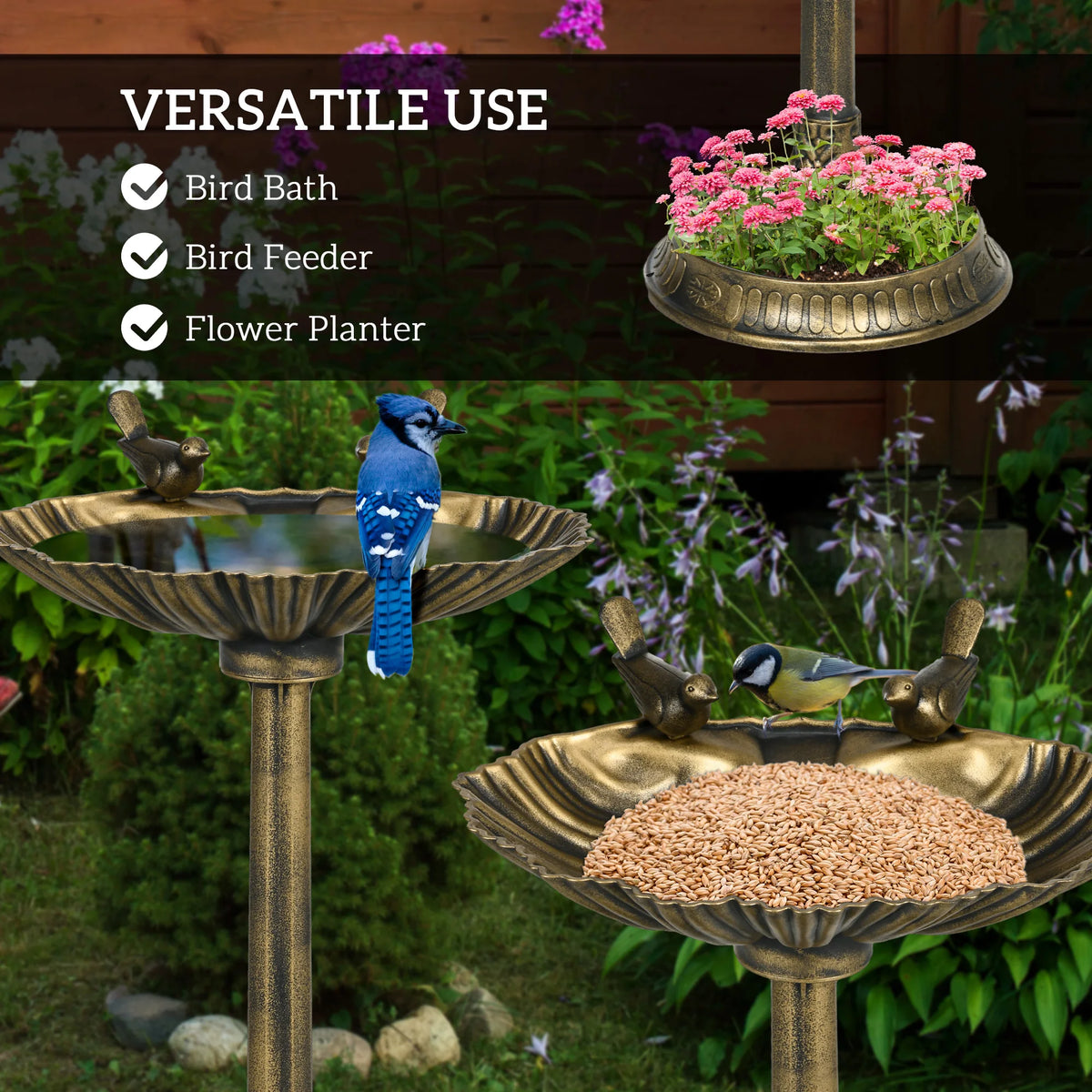 Outsunny Antique Bird Bath With Planter Pedestal And Twin Basins