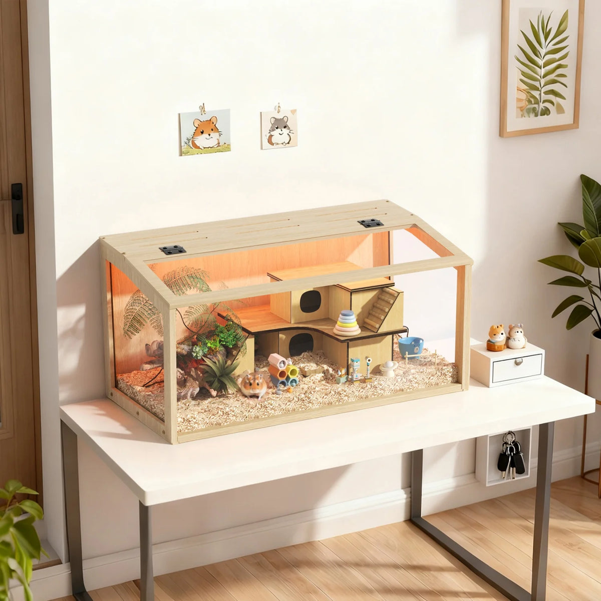 Chewproof Wooden Hamster Cage With Glass And Led Lighting
