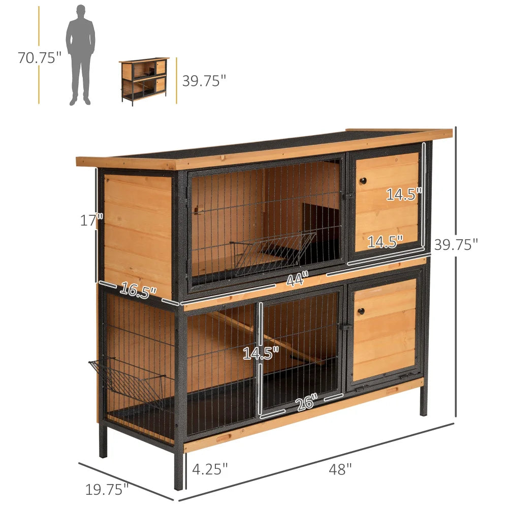 2-Story Large Rabbit Hutch Bunny Cage Wooden Pet House Metal Frame with Individual Room, Ramp, No Leak Tray, Feeding Trough