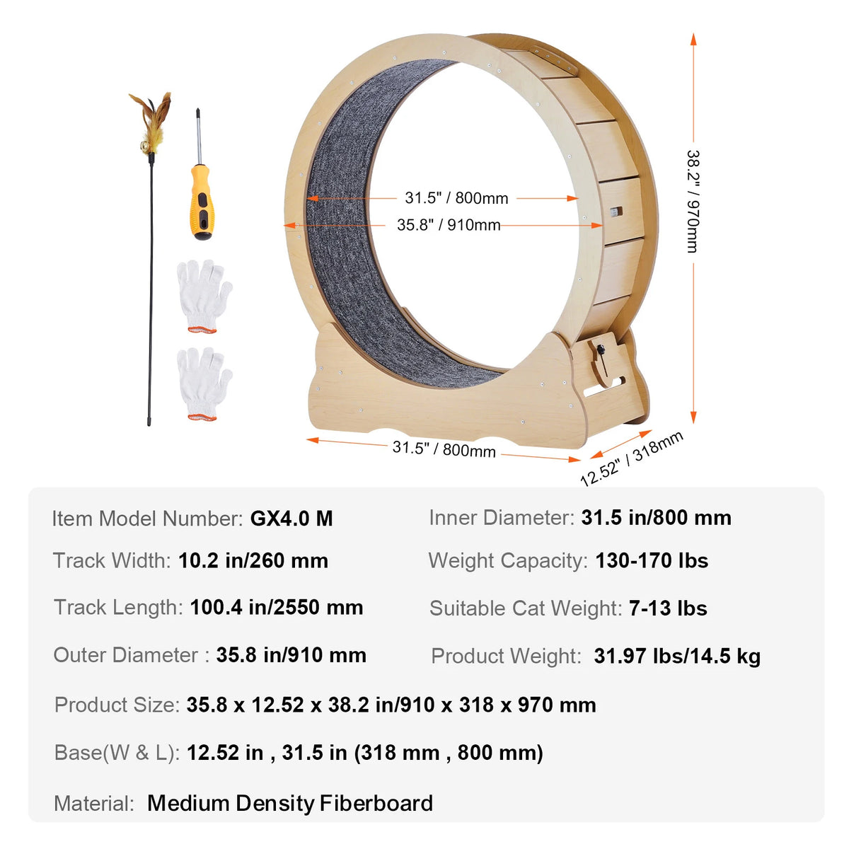 Wooden Cat Exercise Treadmill Wheel With Detachable Carpet And Teaser