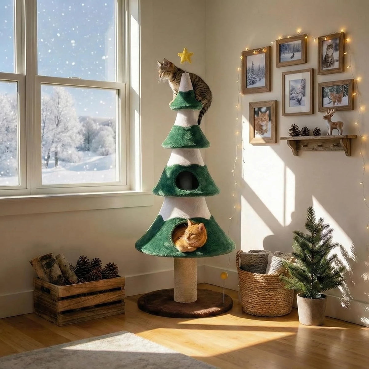 62" Christmas Cat Tree Tower, Festive Green Holiday Cat Condo Furniture with Heavy-Duty Base, Sisal Scratching Posts & Cozy Perch, Sturdy Indoor Climbing Gym for Large Cats