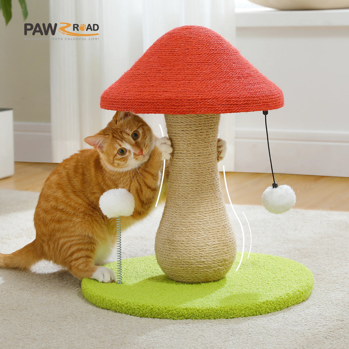 Mushroom Cat Scratching Post, Cat Scratcher Cute with 100% Sisal Covered Scratching Post & Pompoms Cat Toy, Mushroom Cat Post