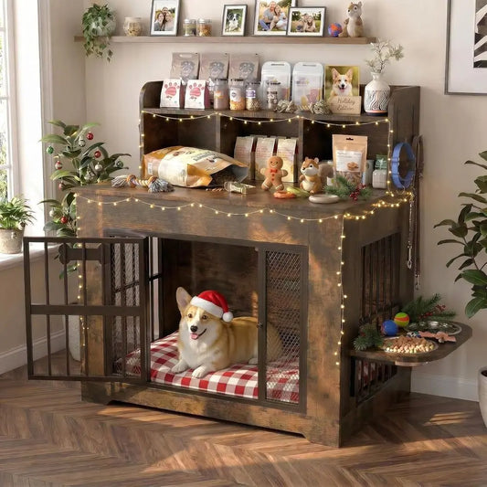 Heavy Duty Indoor Dog Crate Furniture With Storage And Bowls