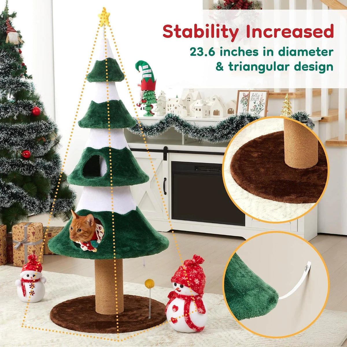 62" Christmas Cat Tree Tower, Festive Green Holiday Cat Condo Furniture with Heavy-Duty Base, Sisal Scratching Posts & Cozy Perch, Sturdy Indoor Climbing Gym for Large Cats