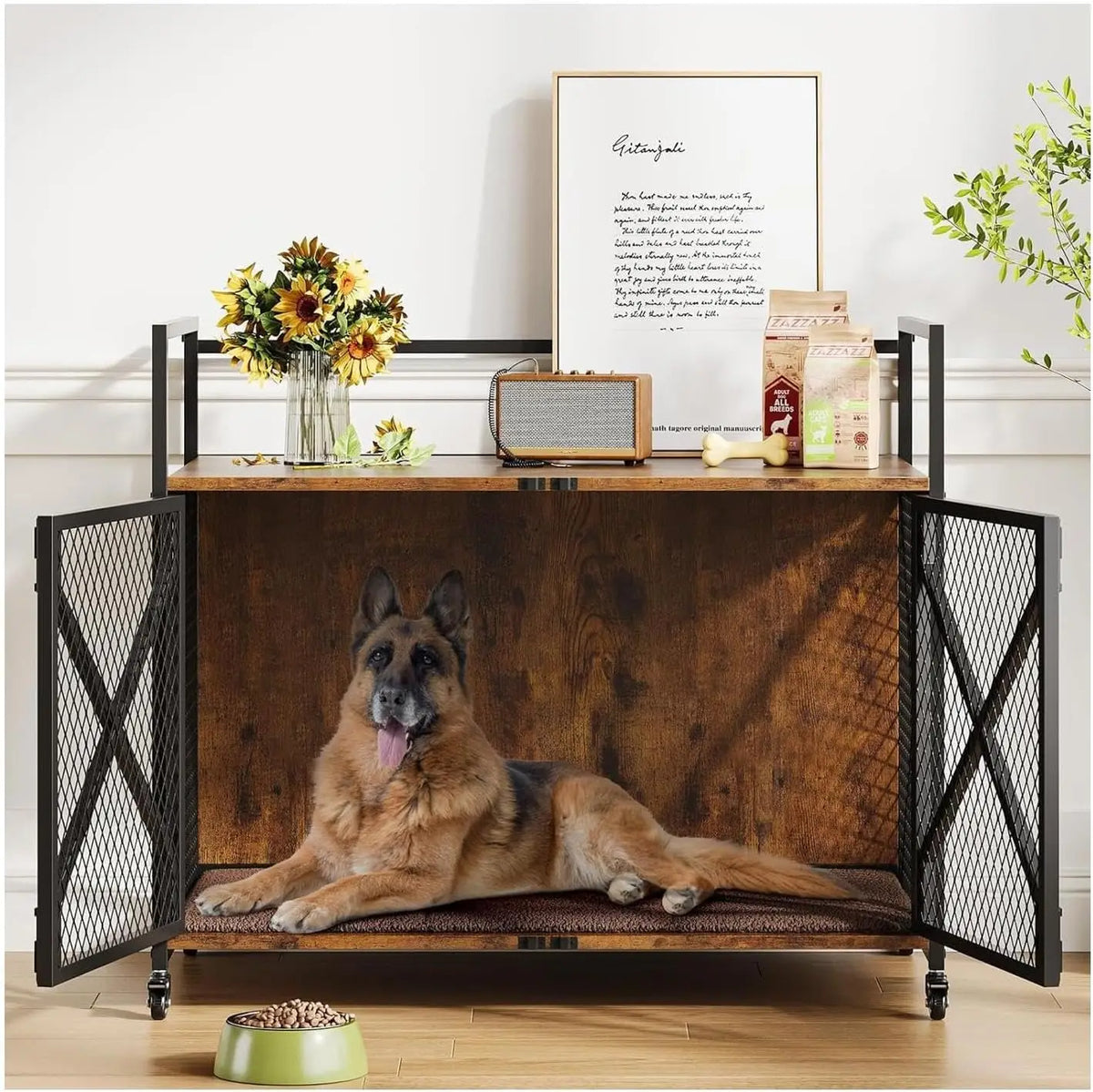 Heavy Duty Dog Kennels Metal Wooden Dog Crate End Table Furniture Style with Wheels and Double Doors Pet Cage for Dog Cat Rabbit Pet for Indoor Living Room