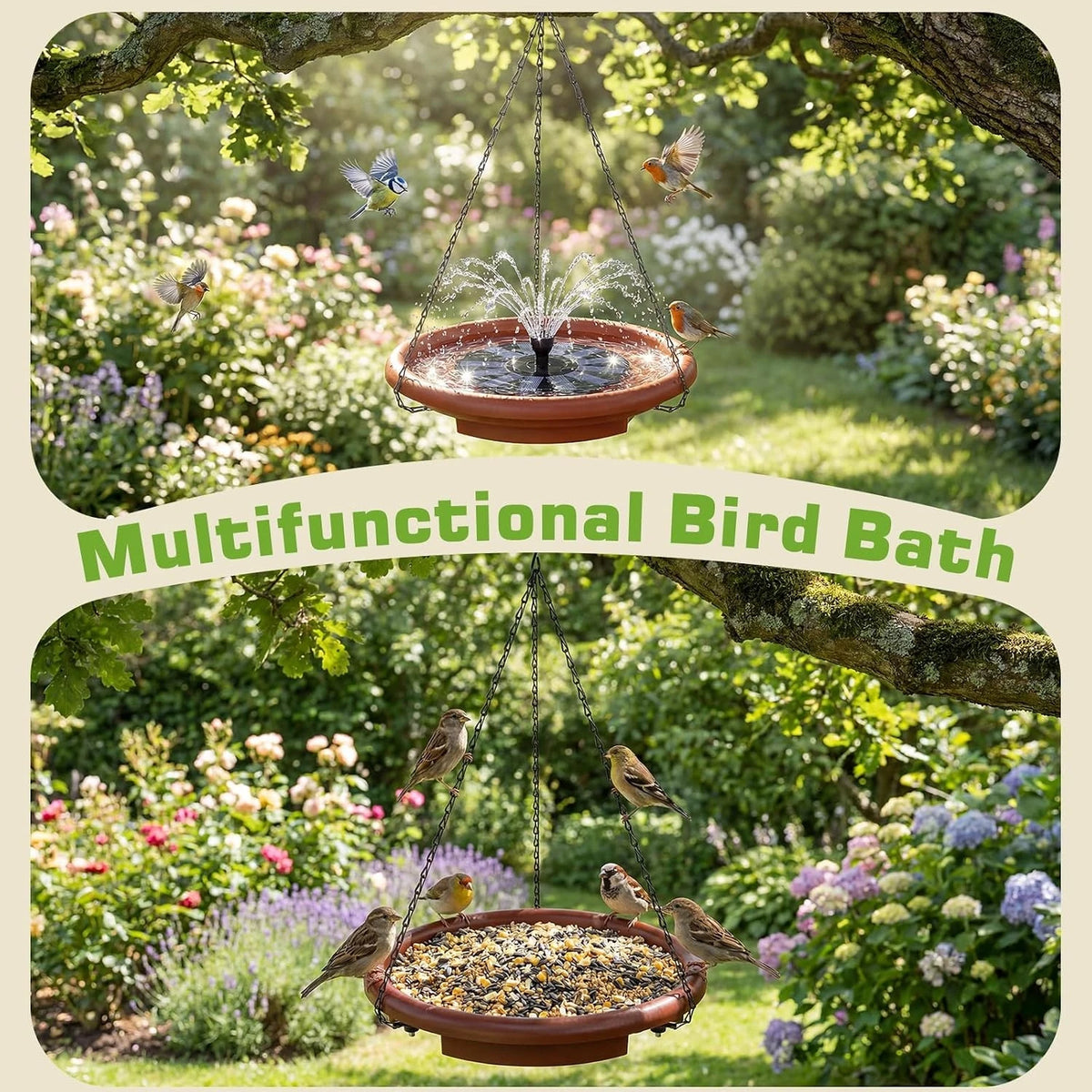 Hanging Solar Bird Bath With Fountain And Feeder For Gardens