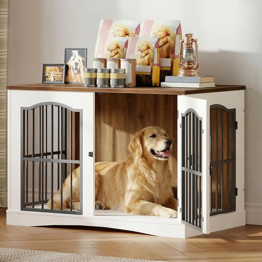 Wooden Dog Crate Furniture - Indoor Kennel, Decorative Pet House Side/End Table TV Stand, White Walnut