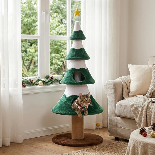 62" Christmas Cat Tree Tower, Festive Green Holiday Cat Condo Furniture with Heavy-Duty Base, Sisal Scratching Posts & Cozy Perch, Sturdy Indoor Climbing Gym for Large Cats