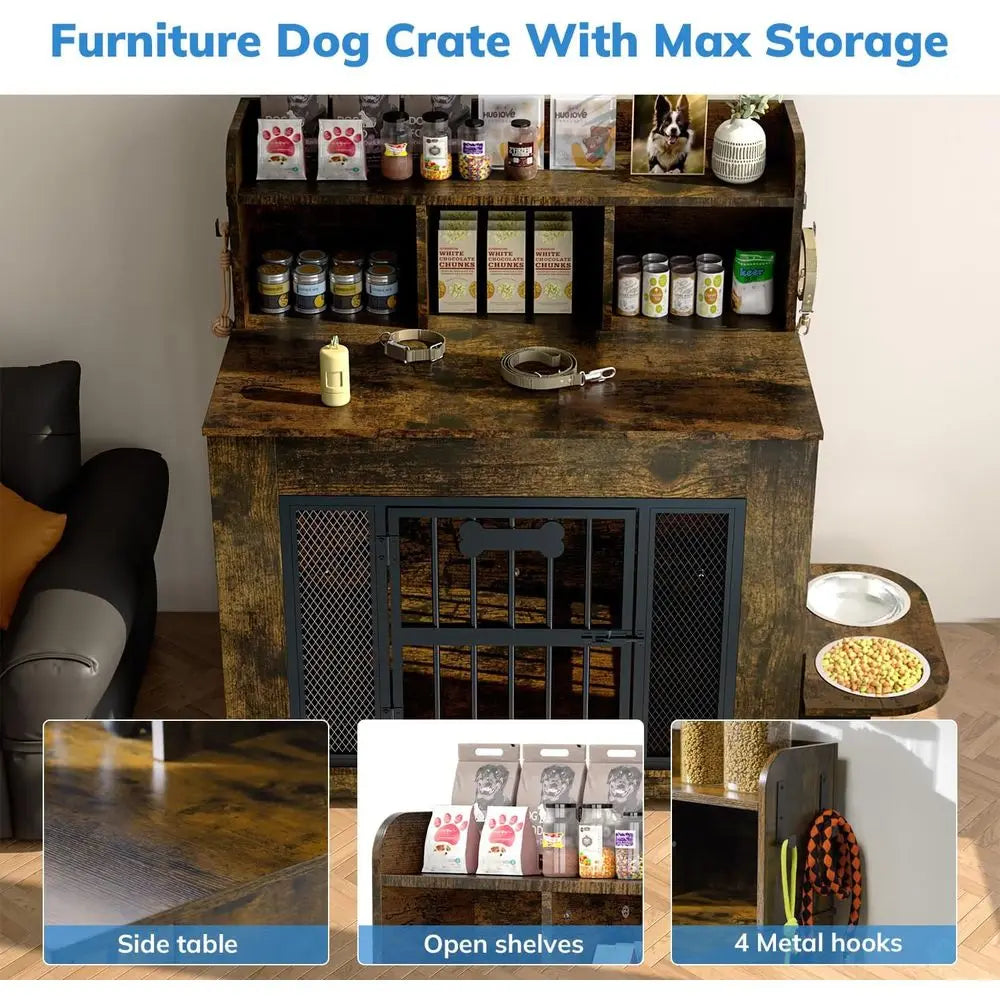 Heavy Duty Indoor Dog Crate Furniture With Storage And Bowls